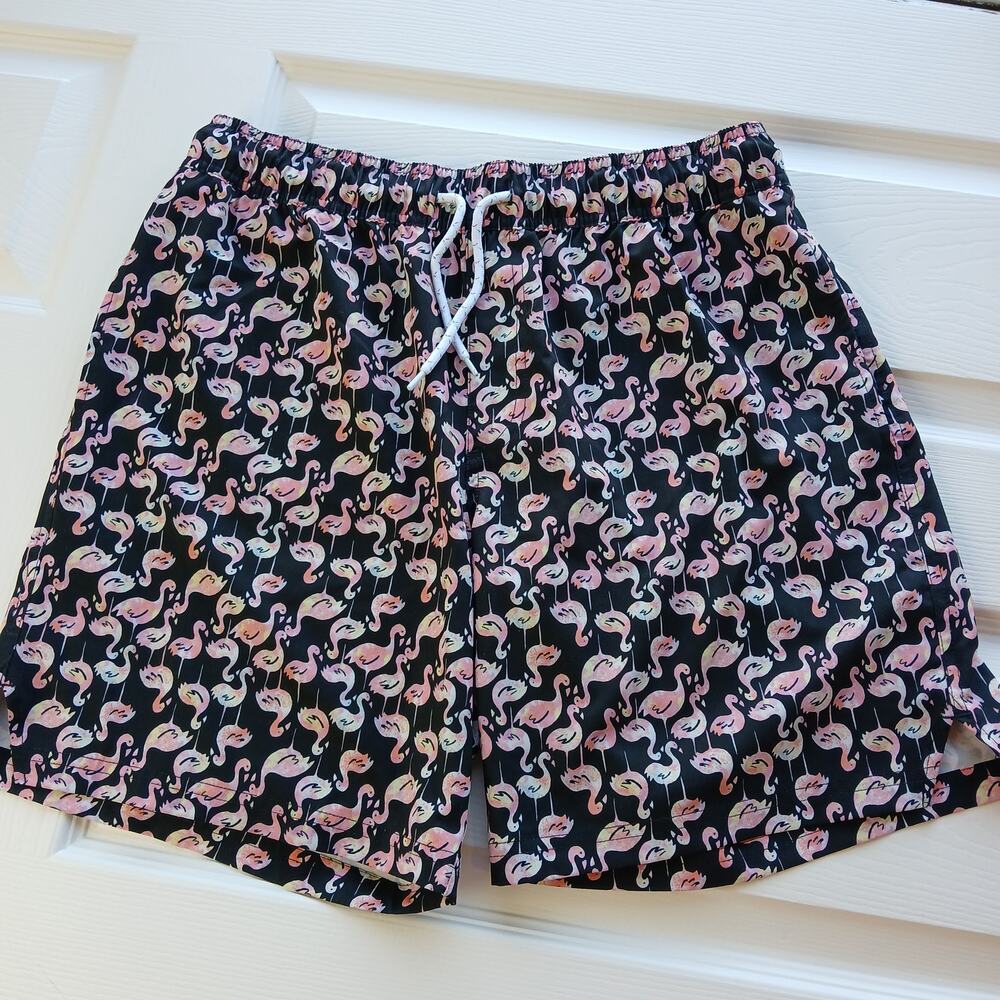 Public Opinion Pink Flamingo Print Board Shorts L swim trunks pockets black